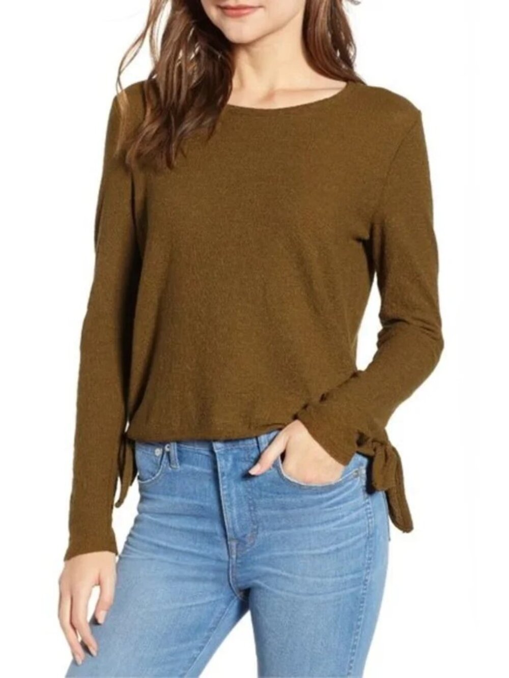 Madewell Texture & Thread Side Tie Long Sleeve Top Green Relaxed Size Medium